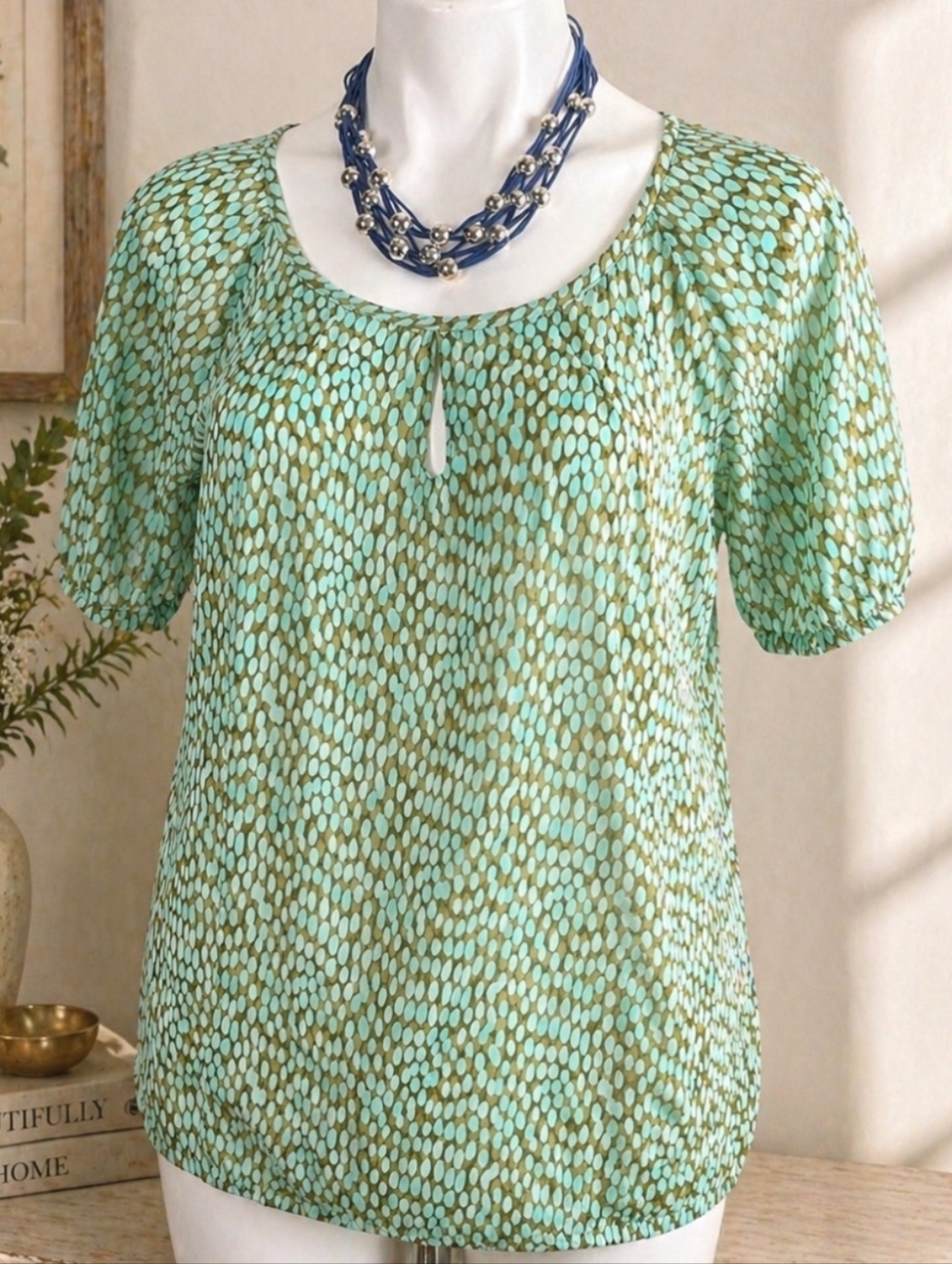 CAbi Mint & Olive Dot Short Sleeve Keyhole Blouse
